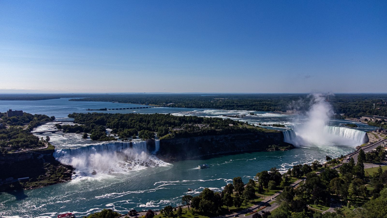 Aerial view of the American and Horseshoe Falls and the river gorge below
